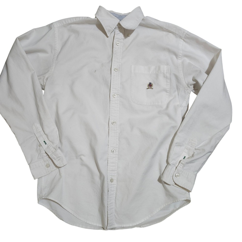 Y2K Vtg Tommy Hilfiger Men Oxford Button Down Shirt L White Embroidered Crest